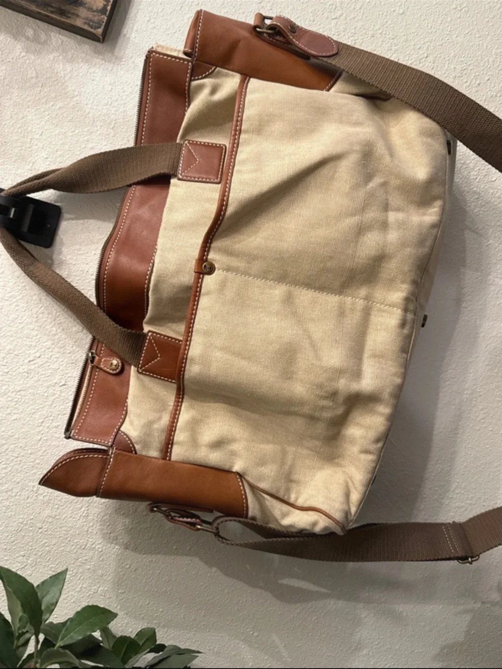 Tommy Bahama Challenge Canvas Leather Messenger Bag Travel Satchel Brown Beige